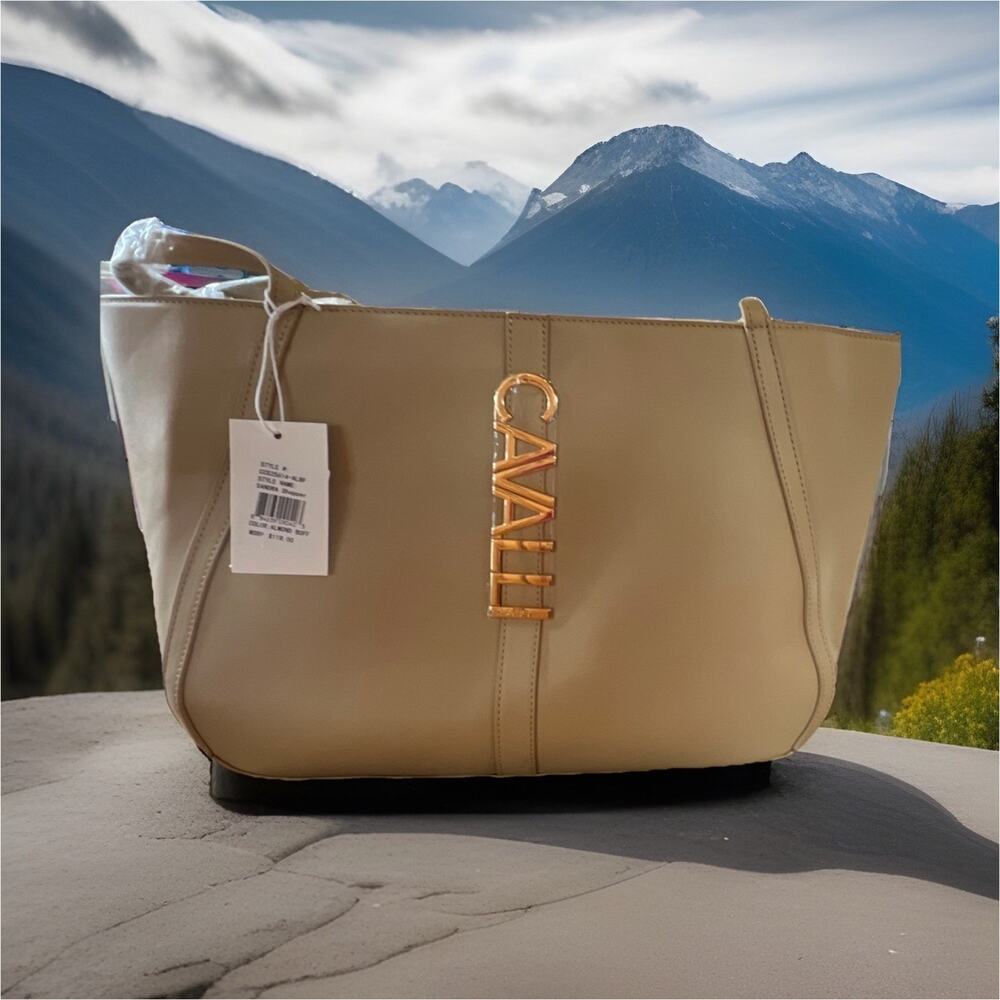Cavalli Class Tote Zip Logo Accent Gold Hardware Almond Buff Shoulder Bag